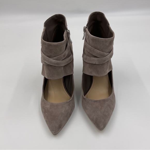 BCBGeneration Suede Zip Ankle Bootie Heels Cut Out Buckle Strap Taupe Warm Grey - Picture 6 of 16